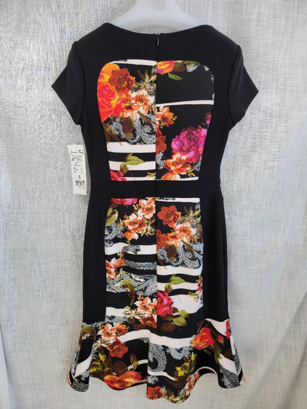 Joseph Ribkoff NWT 6 Black Floral Stripe Paisley Sheath Dress Flounce Hem Party - Picture 4 of 13